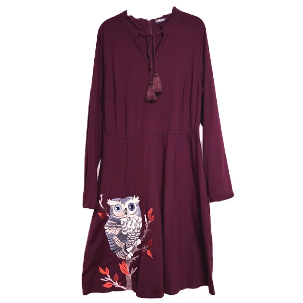 Eshakti Burgundy Embellished Cotton Knit Owl Dress W/ Pockets Size XL / 1X - Picture 3 of 12